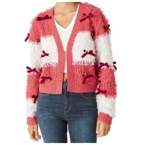 Mighty Fine Womens Bow Embellished Cardigan Sweater Size M Loop Knit Romantic